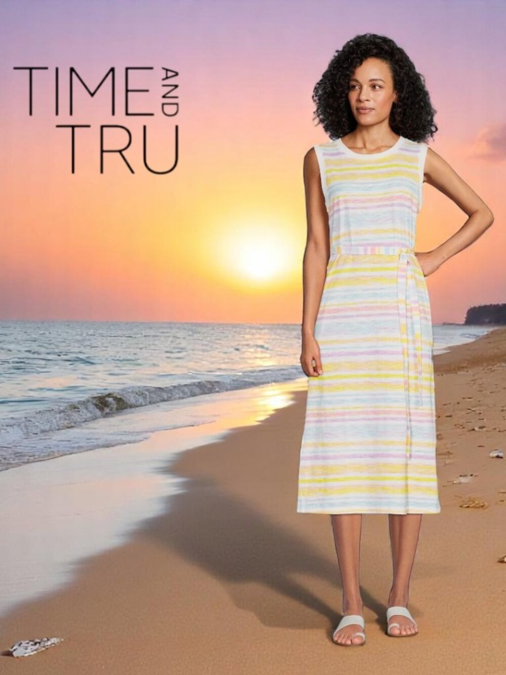 Time and Tru Midi Dress Women’s Small Sleeveless White Pastel Stripe Cotton